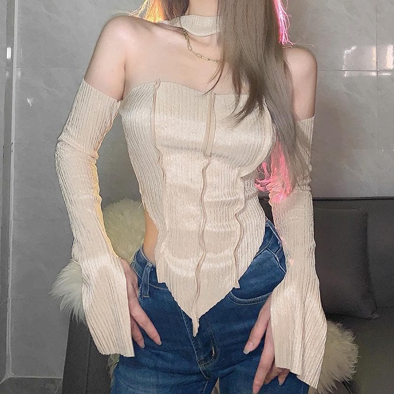 Long sleeve off shoulder patchwork halter top