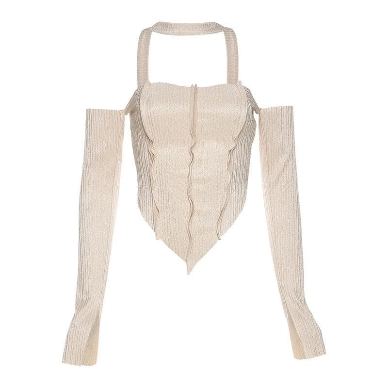 Long sleeve off shoulder patchwork halter top