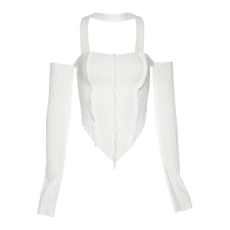 Long sleeve off shoulder patchwork halter top