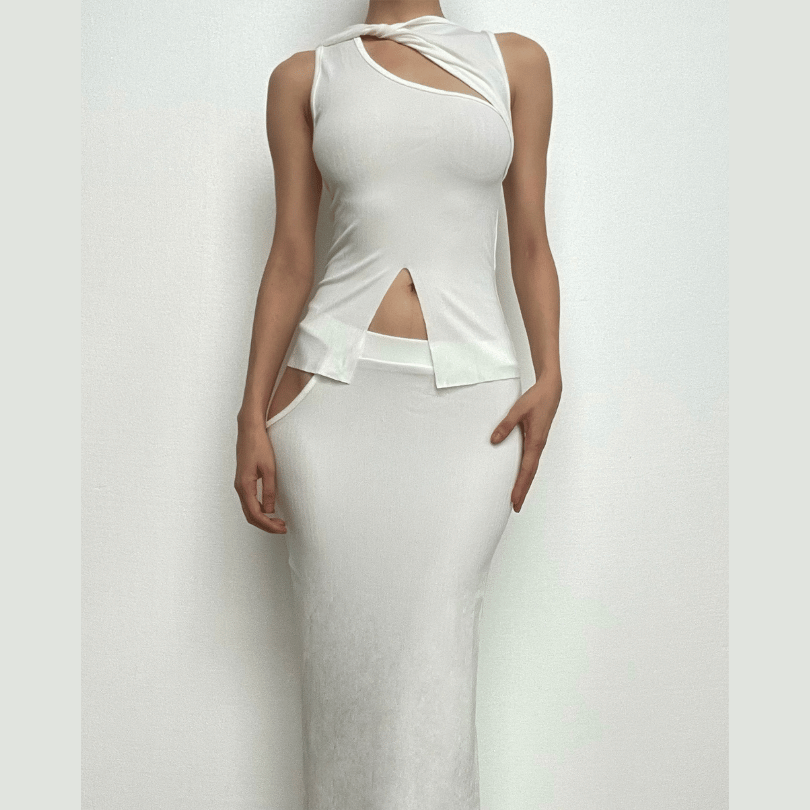 Hollow out solid knotted sleeveless irregular ribbed maxi skirt set- Final Sale