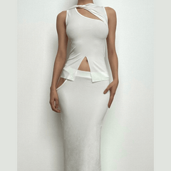 Hollow out solid knotted sleeveless irregular ribbed maxi skirt set- Final Sale
