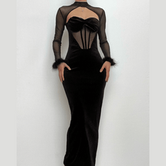 Long sleeve velvet mesh bustier feather patchwork midi dress