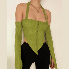 Long sleeve off shoulder patchwork halter top