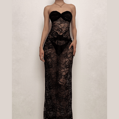 Backless lace see through ruched knotted solid maxi dress