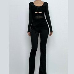 Long sleeve drawstring ruched patchwork jumpsuit