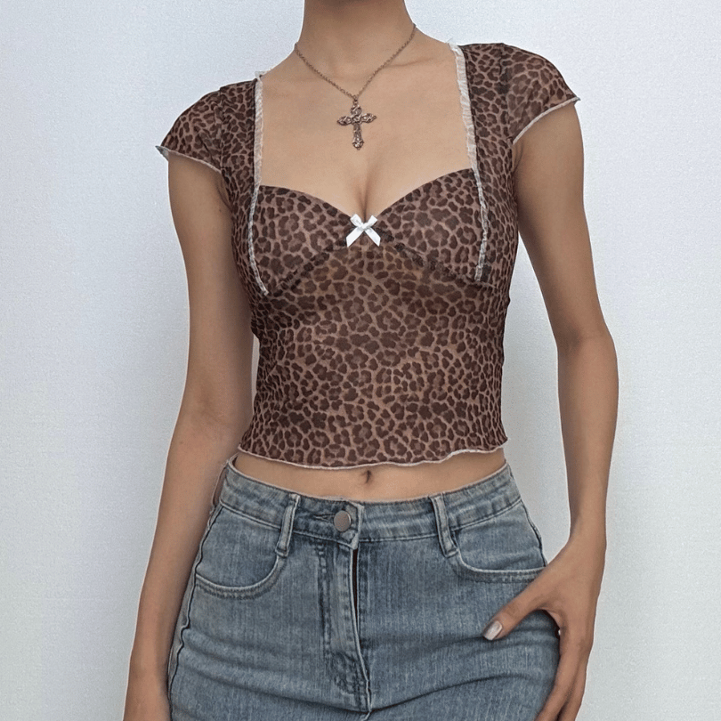 Leopard print short sleeve bowknot mesh top