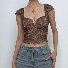 Leopard print short sleeve bowknot mesh top