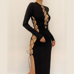 Long sleeve solid hollow out slit self tie lace up cut out midi dress