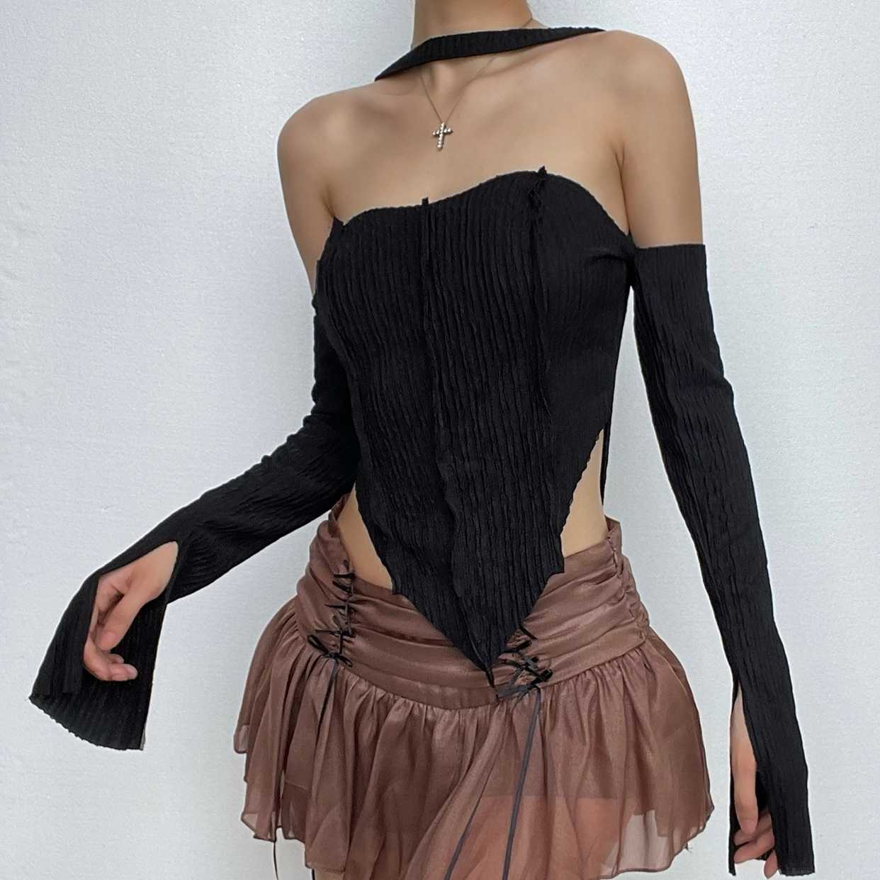 Long sleeve off shoulder patchwork halter top