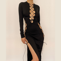 Long sleeve solid hollow out slit self tie lace up cut out midi dress