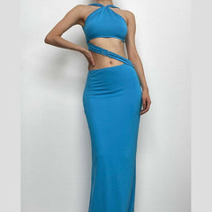 Backless hollow out o ring pearl chain solid cut out maxi dress