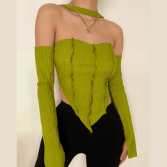 Long sleeve off shoulder patchwork halter top