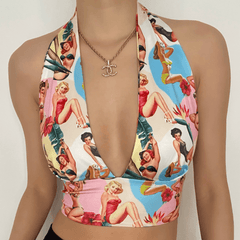 Backless bowknot halter printed top