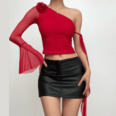 Long flared sleeve one shoulder mesh flower applique backless top