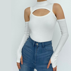 High neck hollow out off shoulder solid bodysuit