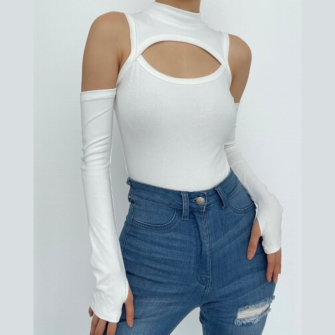 High neck hollow out off shoulder solid bodysuit