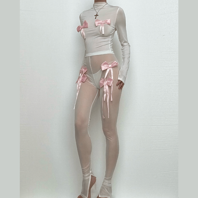 Long sleeve bowknot high neck mesh see through pant set