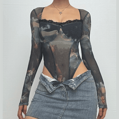 Long sleeve abstract print bowknot bodysuit