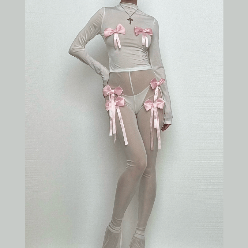 Long sleeve bowknot high neck mesh see through pant set