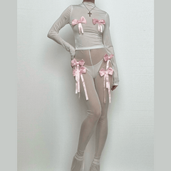 Long sleeve bowknot high neck mesh see through pant set
