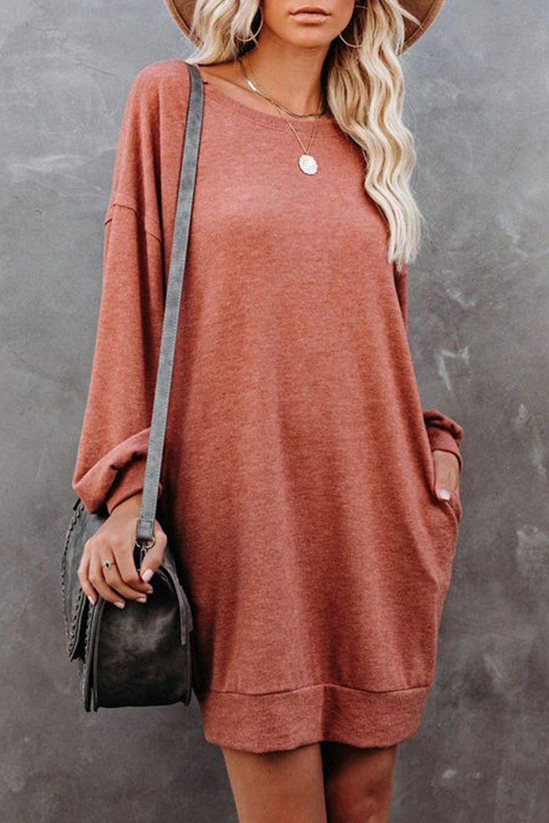 Casual Solid Patchwork Pocket O Neck Long Sleeve Dresses(4 Colors)