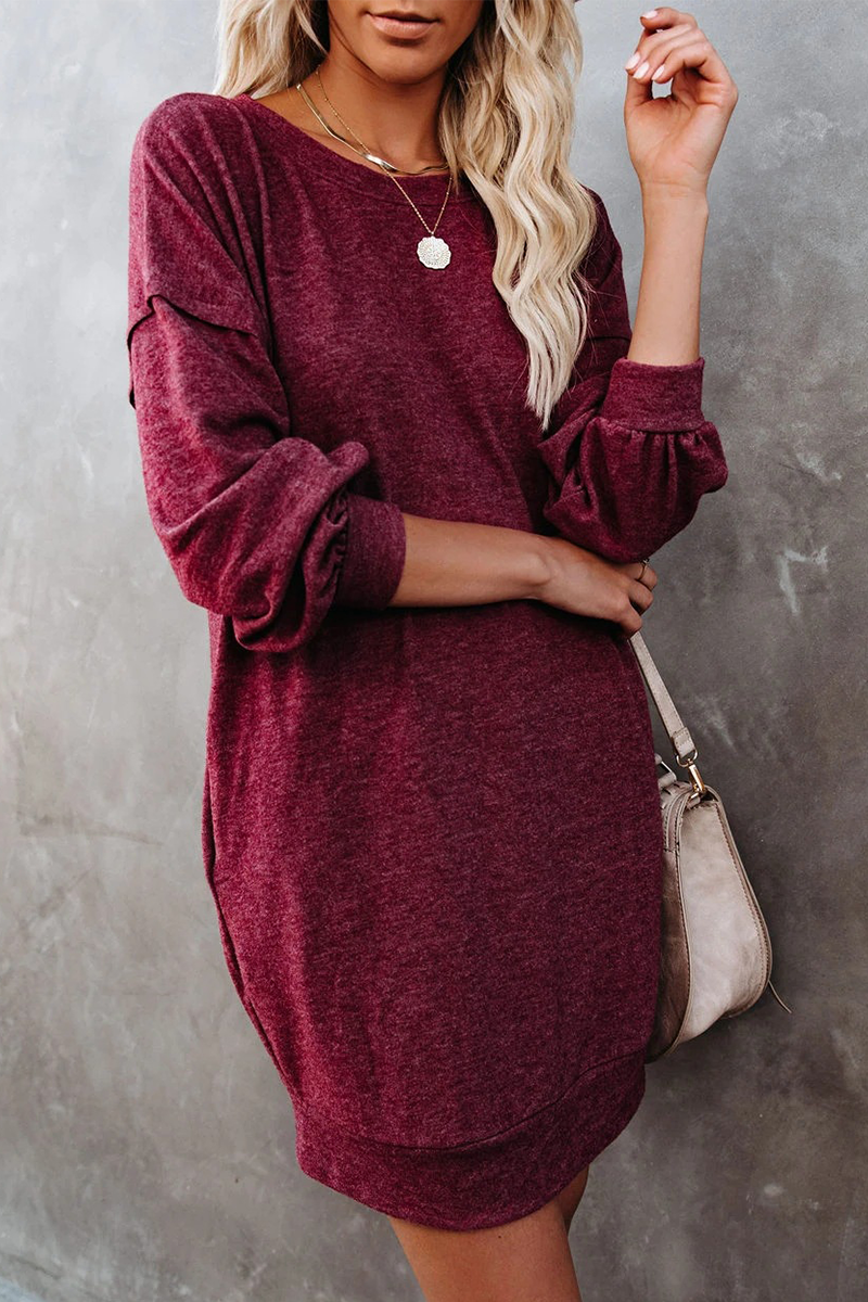 Casual Solid Patchwork Pocket O Neck Long Sleeve Dresses(4 Colors)