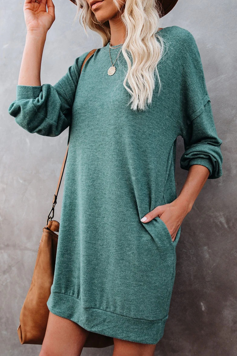 Casual Solid Patchwork Pocket O Neck Long Sleeve Dresses(4 Colors)