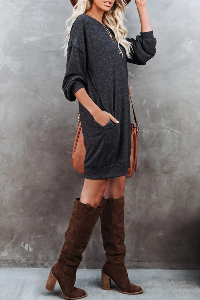 Casual Solid Patchwork Pocket O Neck Long Sleeve Dresses(4 Colors)