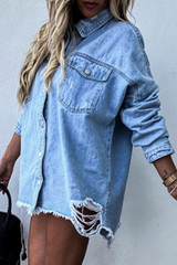 Casual Solid Ripped Make Old Turndown Collar Long Sleeve Denim Jacket