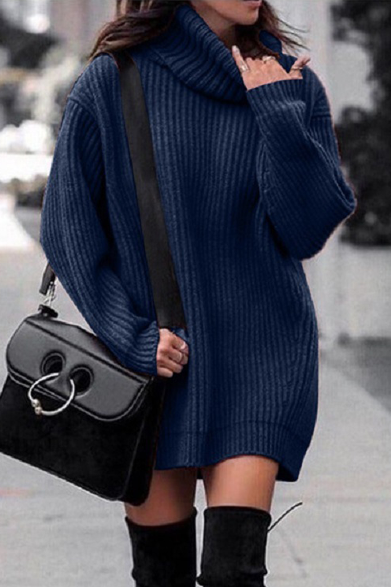 Casual Solid Split Joint Basic Turtleneck Dresses