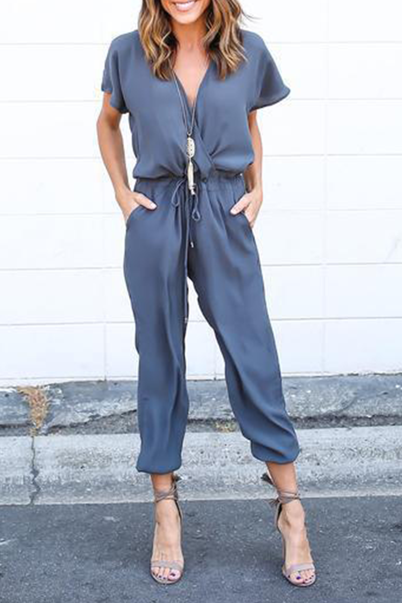 Casual Solid Patchwork V Neck Straight Jumpsuits(3 Colors)