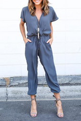 Casual Solid Patchwork V Neck Straight Jumpsuits(3 Colors)