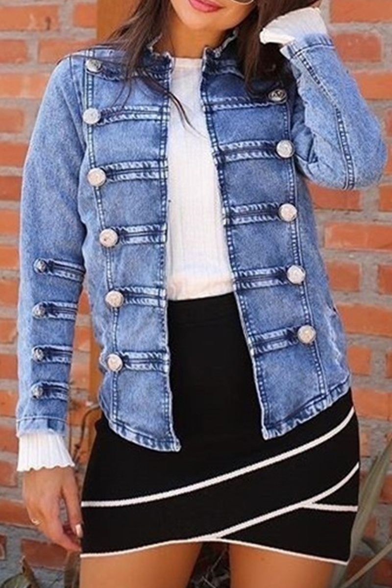 Casual Solid Beading Cardigan Collar Long Sleeve Straight Denim Jacket