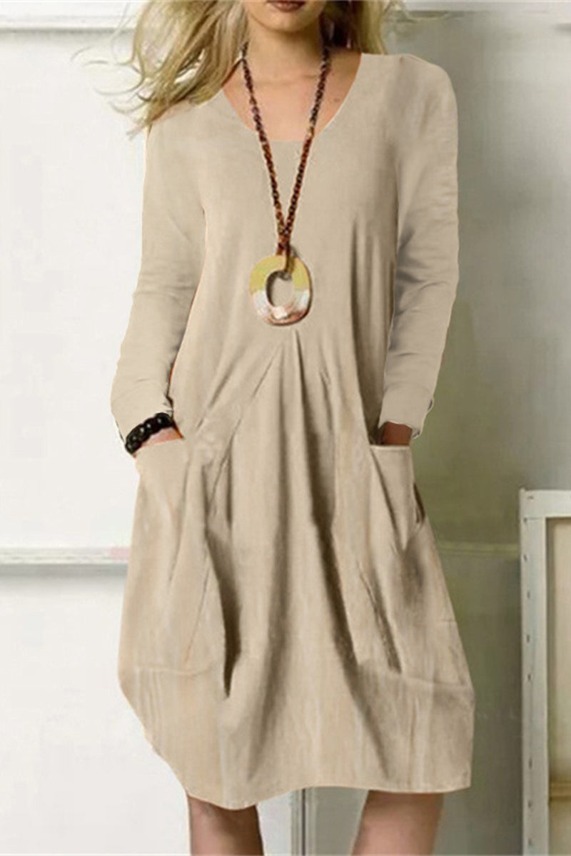 Casual Solid Pocket O Neck Long Sleeve Dresses(4 Colors)