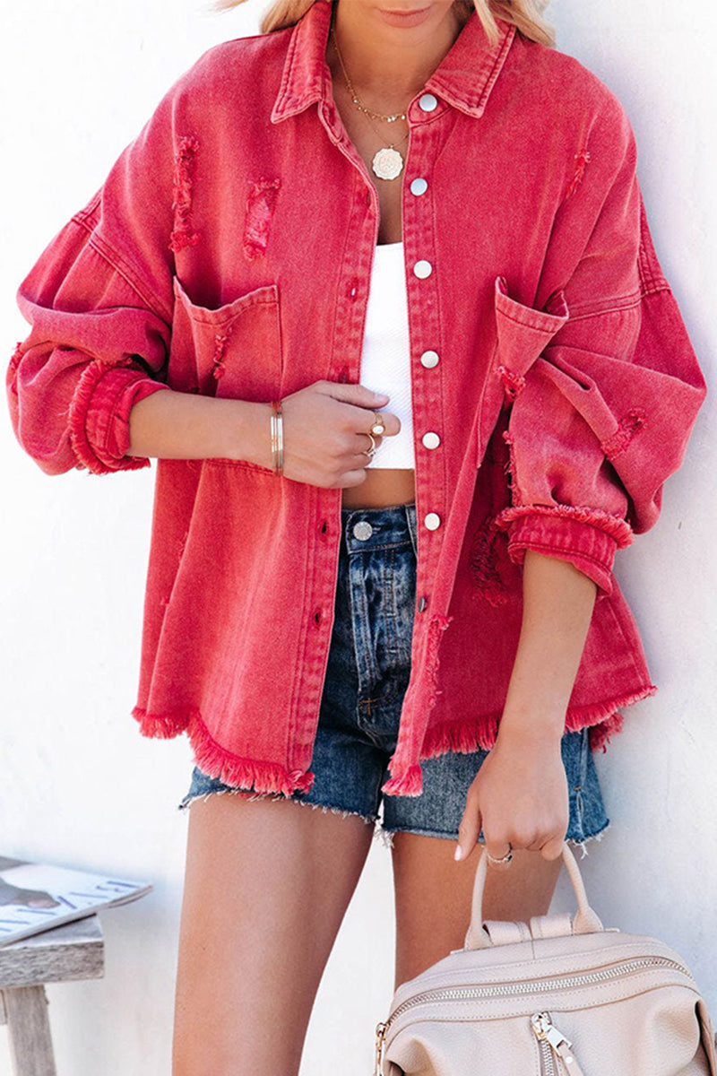 Fashion Solid Ripped Make Old Turndown Collar Long Sleeve Loose Denim Jacket(5 Colors)