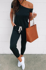 Casual Solid Draw String One Shoulder Skinny Jumpsuits