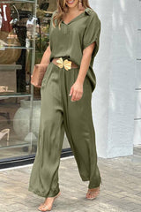 Casual Simplicity Solid Without Belt V Neck Short Sleeve Two Pieces(3 Colors)