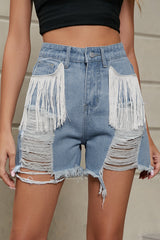 Casual Simplicity Solid Tassel Ripped Straight Denim Shorts