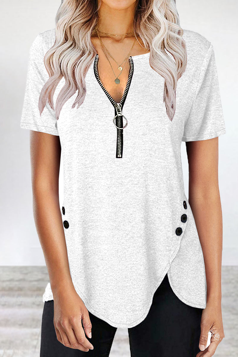 Casual Solid Asymmetrical Zipper Zipper Collar T-Shirts