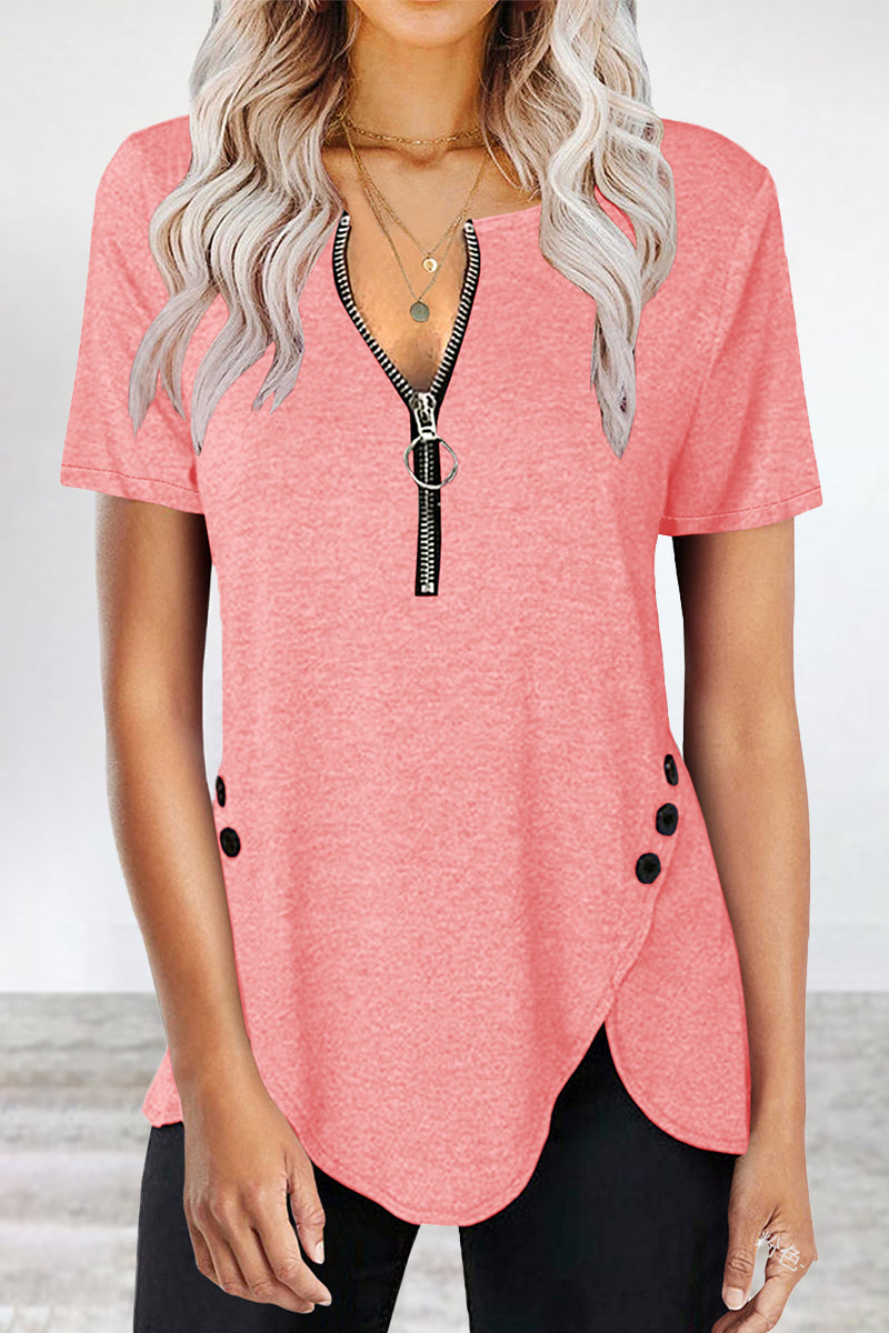 Casual Solid Asymmetrical Zipper Zipper Collar T-Shirts