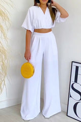 Casual Simplicity Solid Frenulum V Neck Short Sleeve Two Pieces(4 Colors)