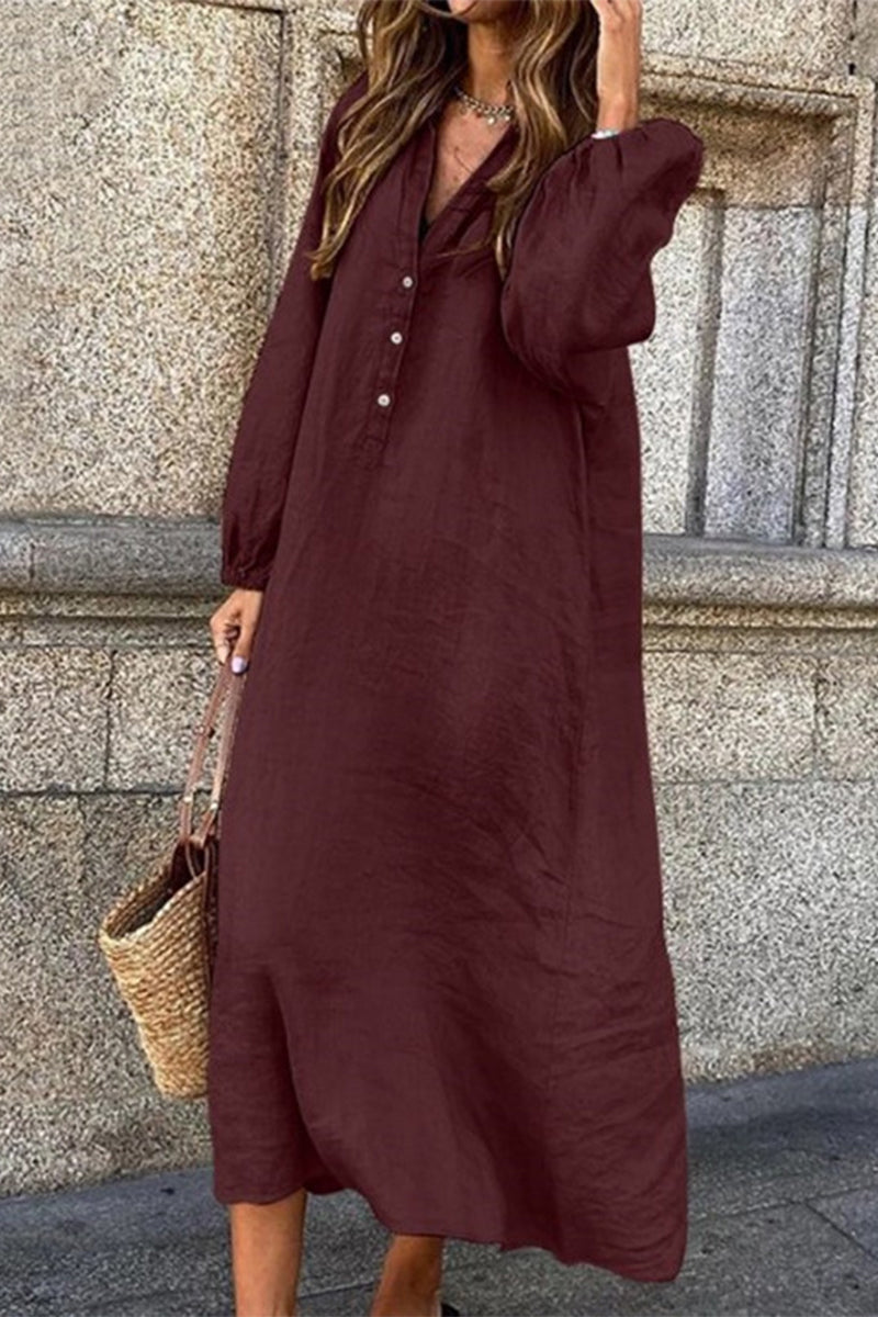 Casual Solid Buttons V Neck Long Sleeve Dresses