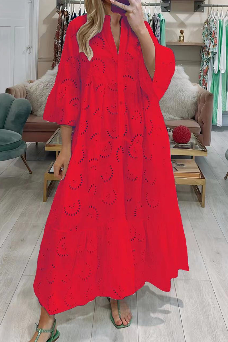 Casual Solid Hollowed Out V Neck A Line Dresses