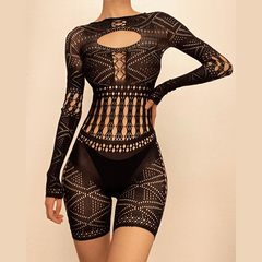 Long sleeve hollow out fishnet solid romper