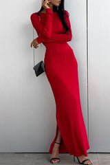 Celebrities Elegant Solid Slit O Neck Long Sleeve Dresses