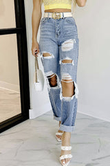 Casual Solid Ripped Pocket High Waist Loose Denim Jeans
