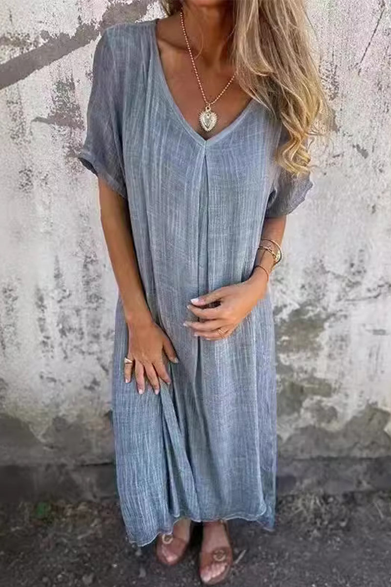 Casual Solid Make Old V Neck Short Sleeve Short Sleeve Dress(6 Colors)