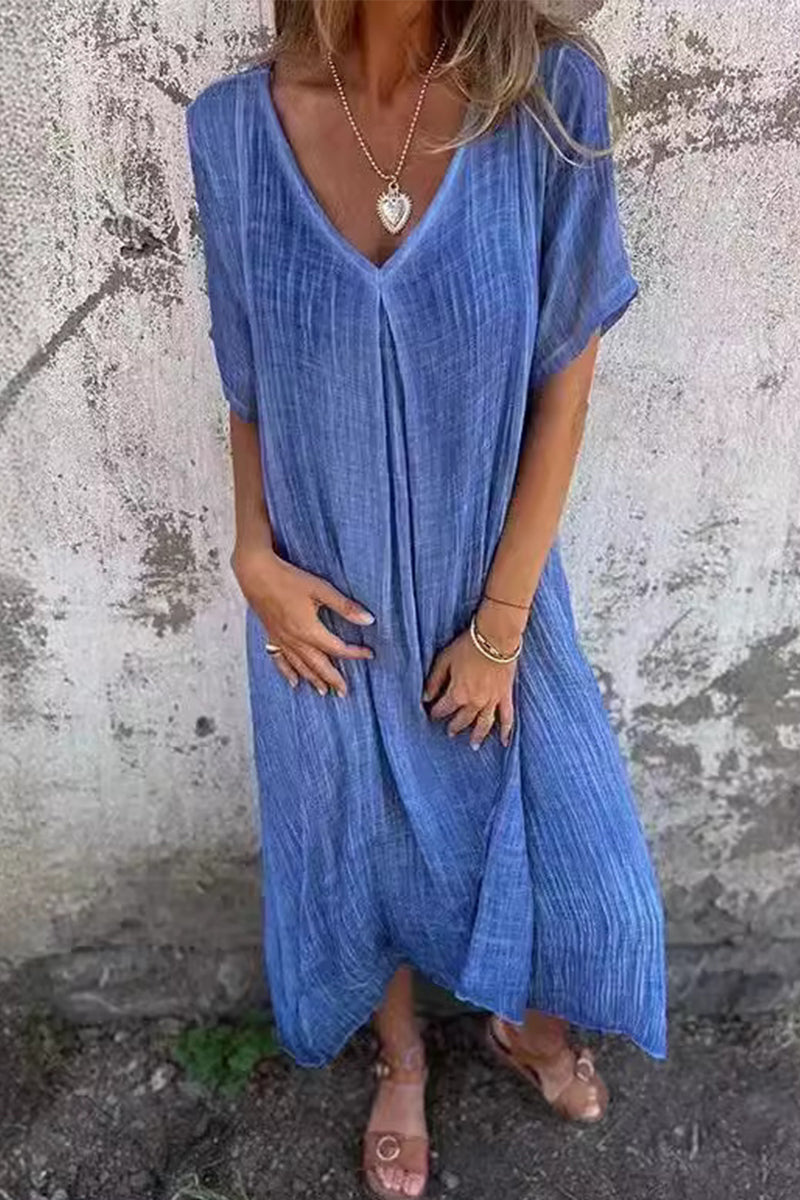 Casual Solid Make Old V Neck Short Sleeve Short Sleeve Dress(6 Colors)