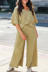 Casual Simplicity Solid Pocket V Neck Short Sleeve Two Pieces(4 Colors)