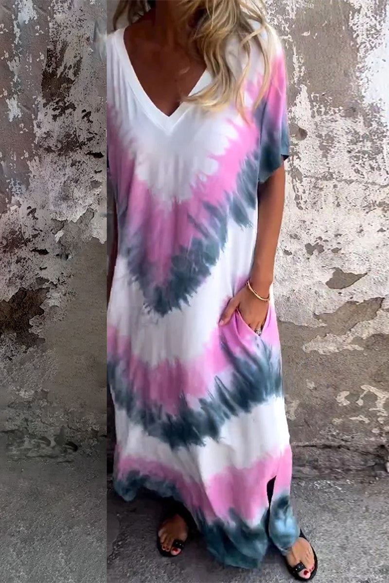 Casual Print Tie Dye Pocket V Neck A Line Short Sleeve Dress(4 Colors)